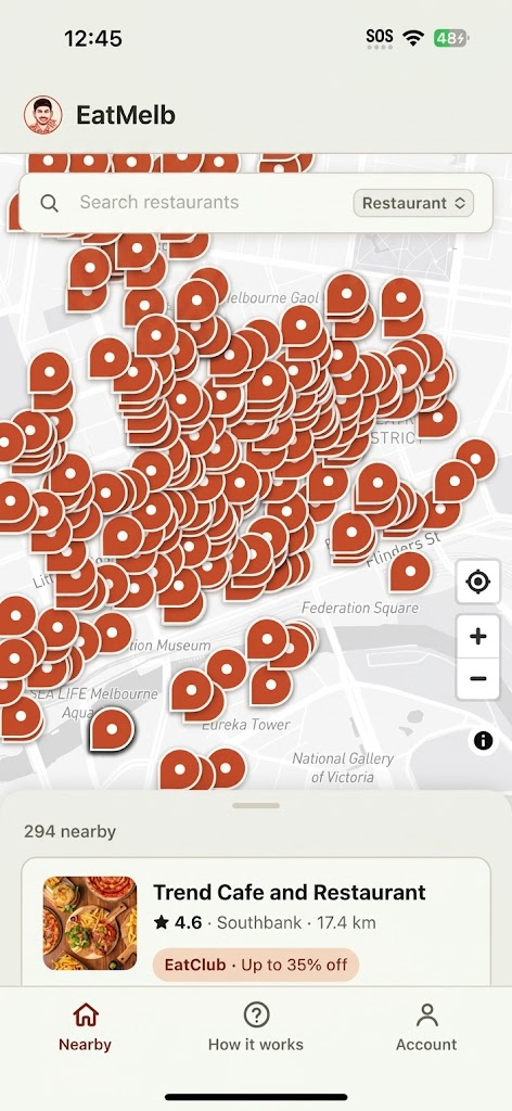 The EatMelb app showing nearby restaurant deals on a map of Melbourne